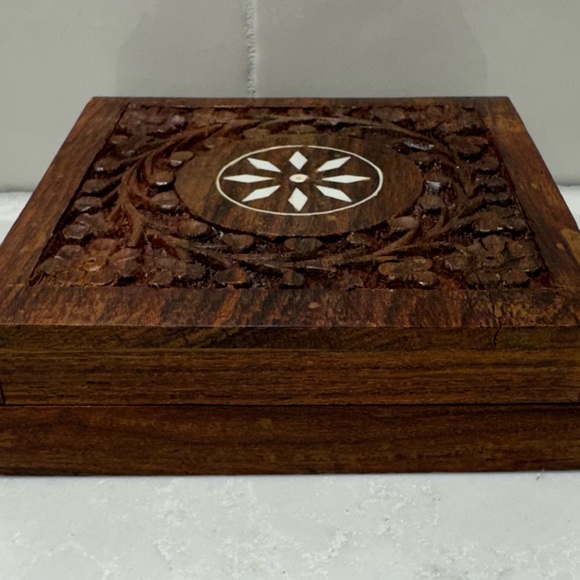 Indian hand-carved wooden jewelry box 4” x 4” trinket box decor - Picture 7 of 11